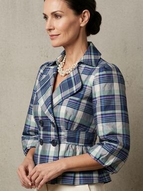 Plaid Peplum Silk Blazer Jacket | Blue & Purple Tartan Double Breasted Size 12